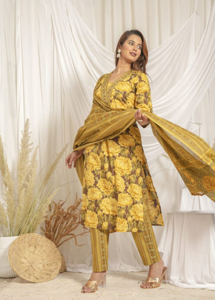Mustard Yellow Floral Printed 60x60 Cotton Kurta Pant Set with Dupatta for Women