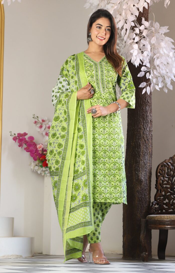 Lime Green Floral Printed 60x60 Cotton Kurta Pant Set with Dupatta for Women