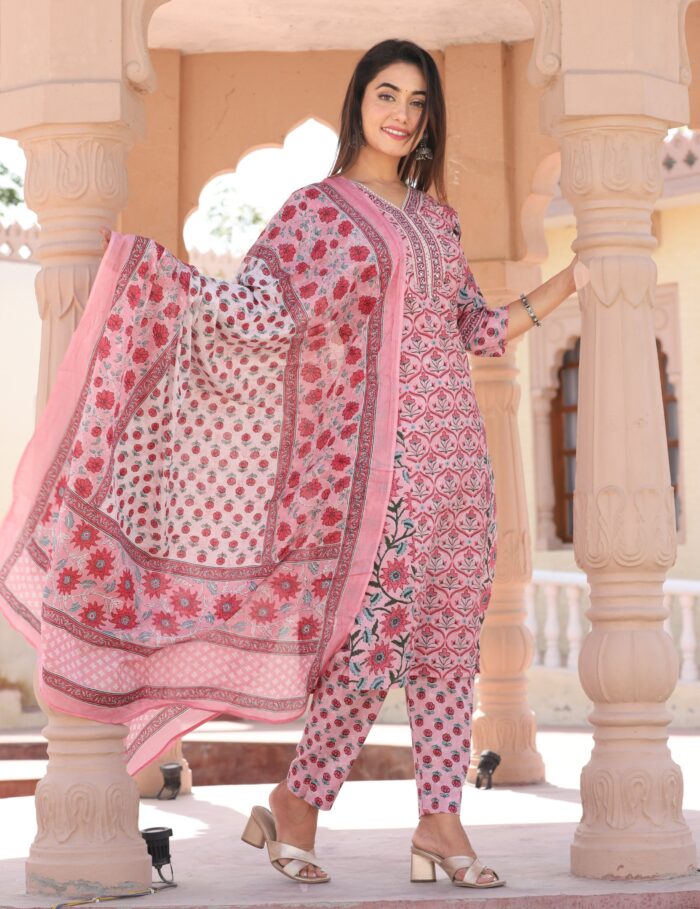 Pink Floral Printed 60x60 Cotton Kurta Pant Set with Dupatta for Women