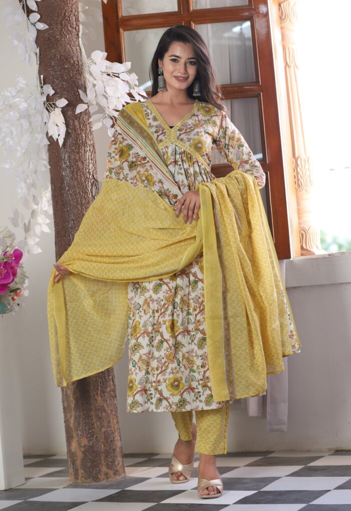 Off White Yellow Floral Printed 60x60 Cotton Anarkali Kurta Pant Set with Dupatta for Women