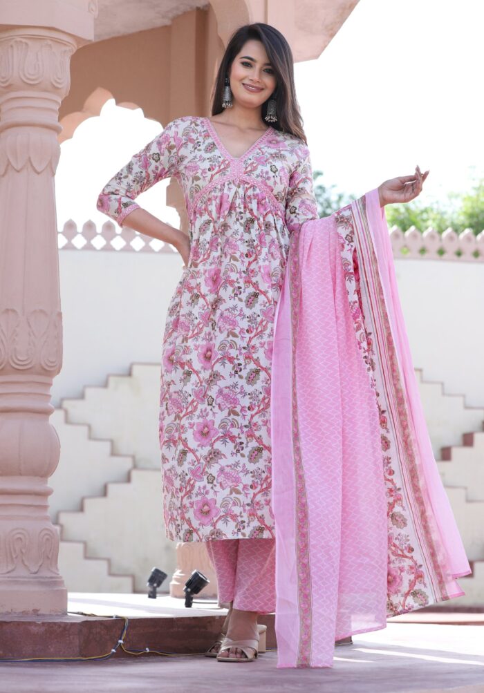 Pink Floral Printed 60x60 Cotton Anarkali Kurta Pant Set with Dupatta for Women | Festive Ethnic Wear