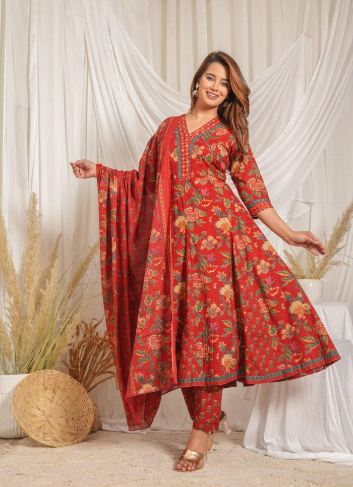 Red Floral Printed 60x60 Cotton Anarkali Kurta Pant Set with Dupatta for Women