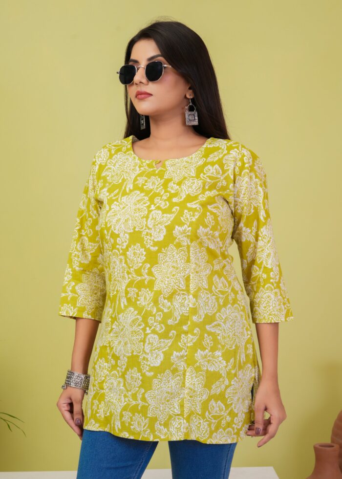 Mustard Yellow Floral Printed Cotton Short Kurti for Women | Casual Ethnic Top