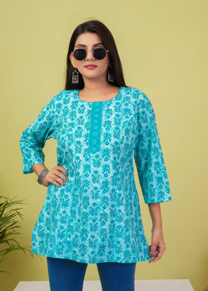 Turquoise Blue Floral Printed Cotton Short Kurti for Women | Casual Ethnic Top