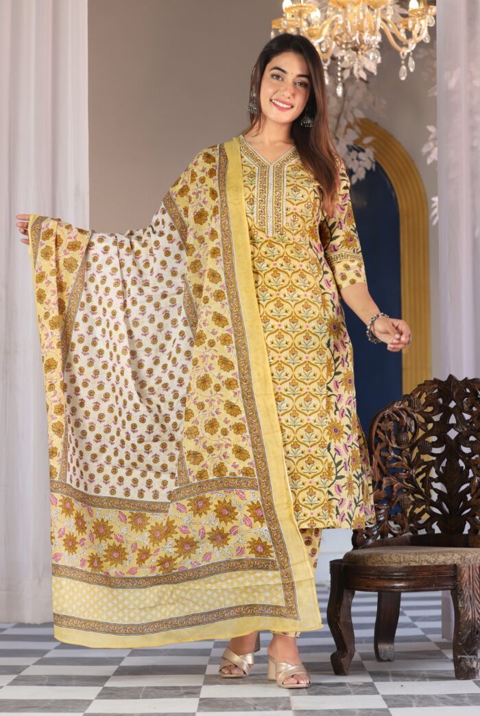 Yellow Floral Printed 60x60 Cotton Kurta Pant Set with Dupatta for Women