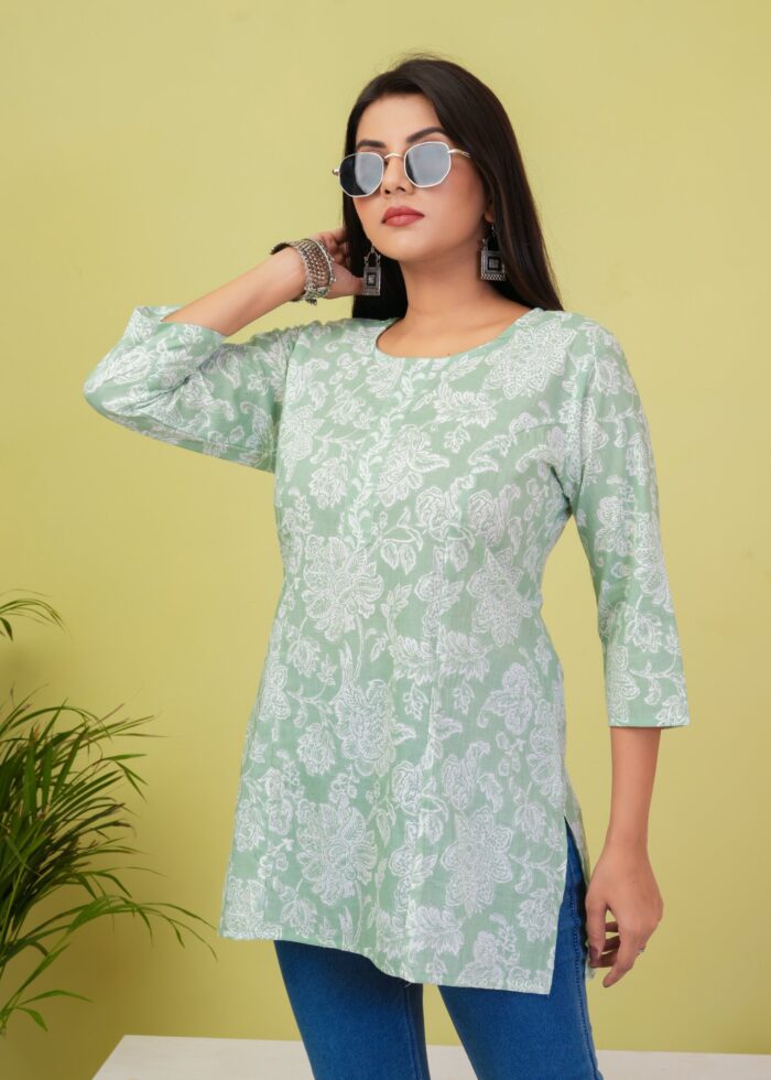 Mint Green Floral Printed Cotton Short Kurti for Women | Casual Ethnic Top
