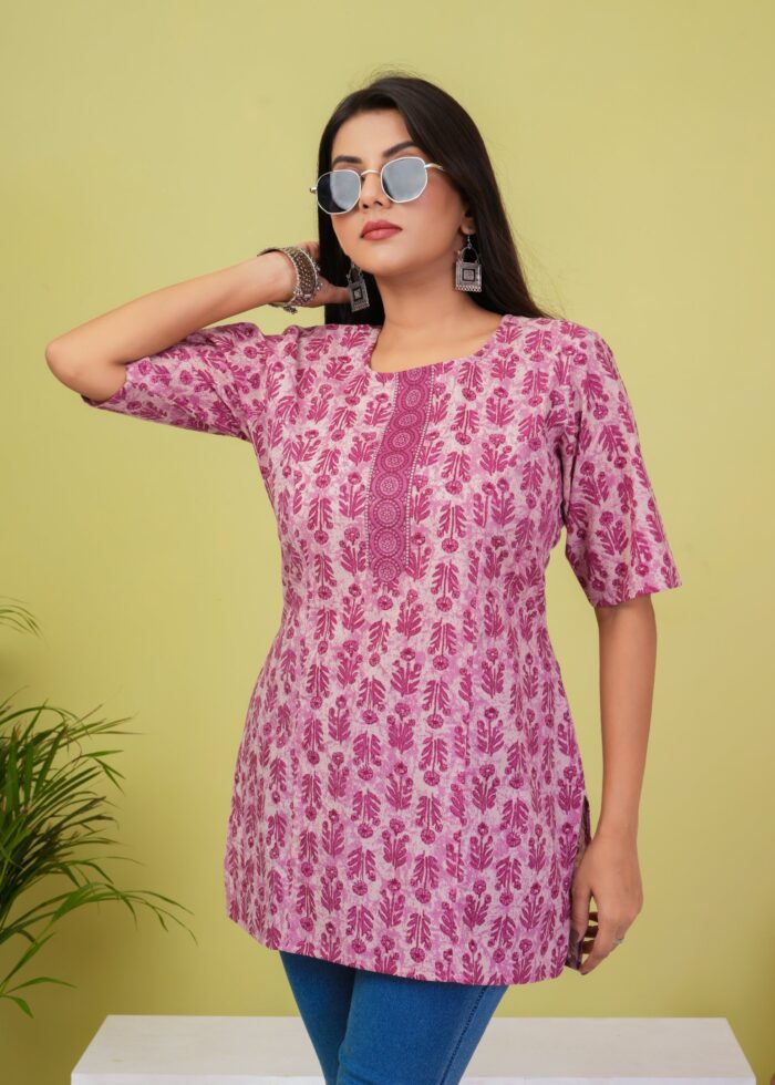 Pink Floral Printed Cotton Short Kurti for Women | Casual Ethnic Top
