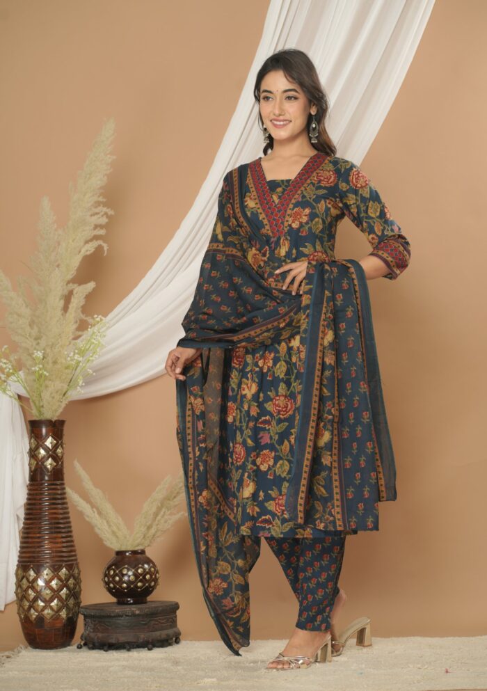 Navy Blue Floral Printed 60x60 Cotton Kurta Pant Set with Dupatta for Women