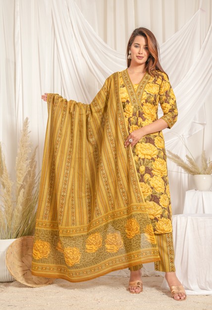 Mustard Yellow Floral Printed 60x60 Cotton Kurta Pant Set with Dupatta for Women