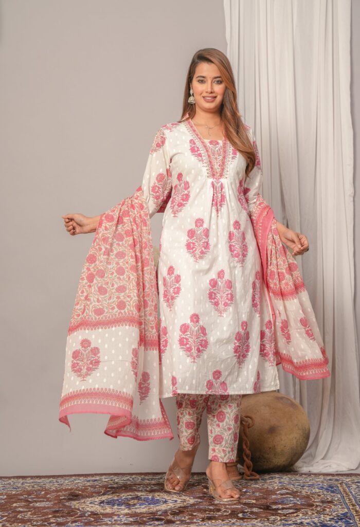 White Pink Floral Printed 60x60 Cotton Kurta Pant Set with Dupatta for Women