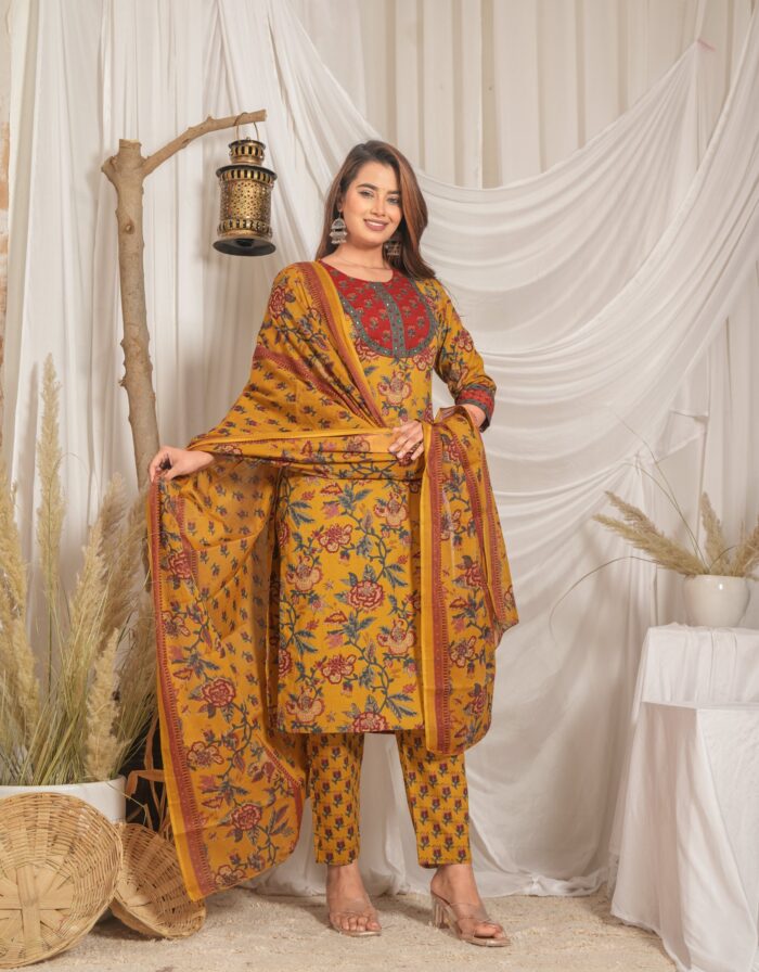 Mustard Floral Printed 60x60 Cotton Kurta Pant Set with Dupatta for Women