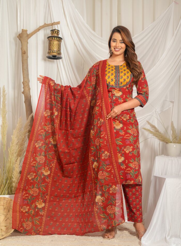 Red Floral Printed Cotton Kurta Pant Set with Dupatta for Women