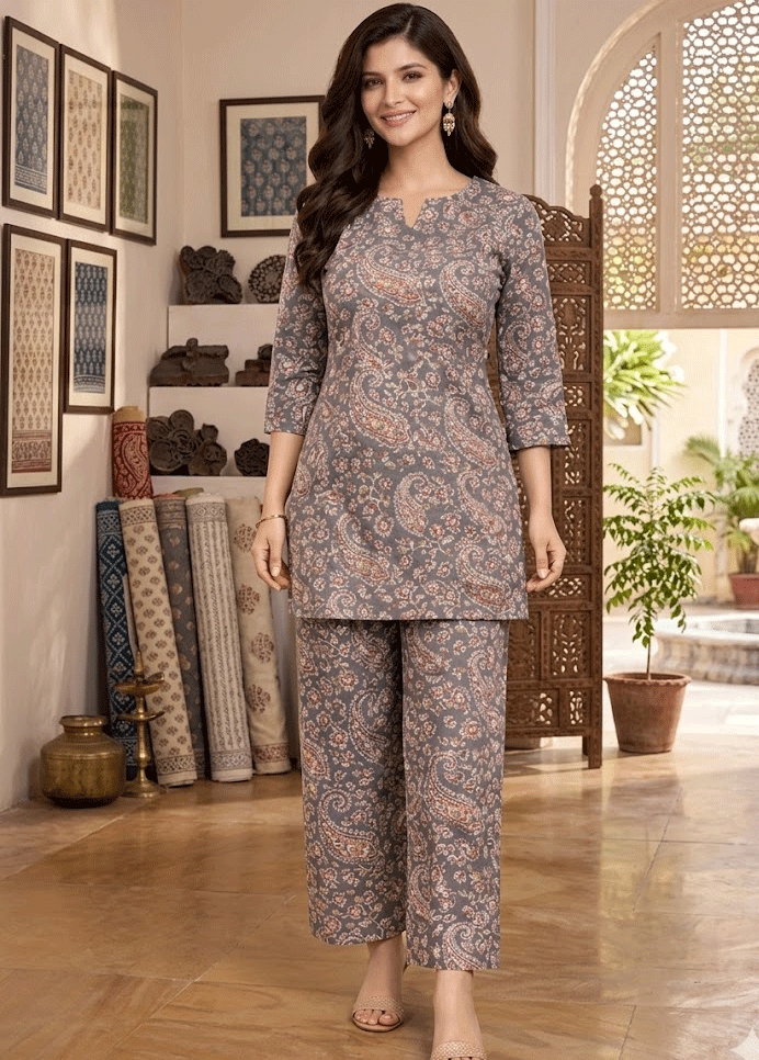 Grey Cotton Paisley Printed Cord Set with Bottom