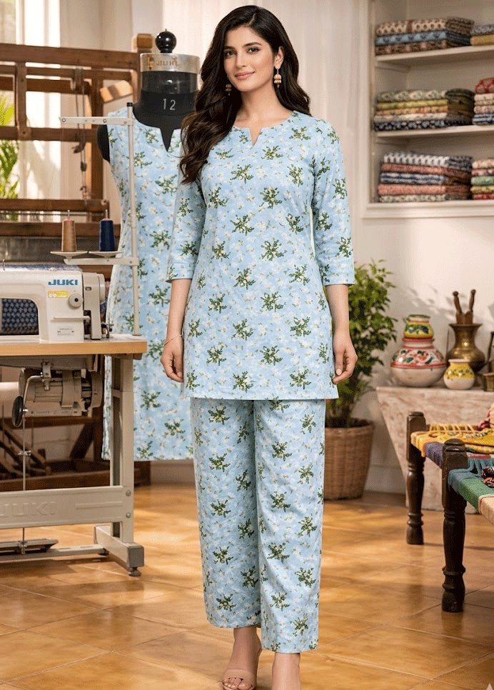 Sky Blue printed  Cotton Floral Cord Set with Matching Bottom