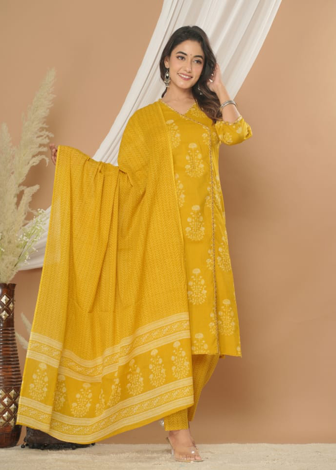 Cotton Yellow Dupatta Set