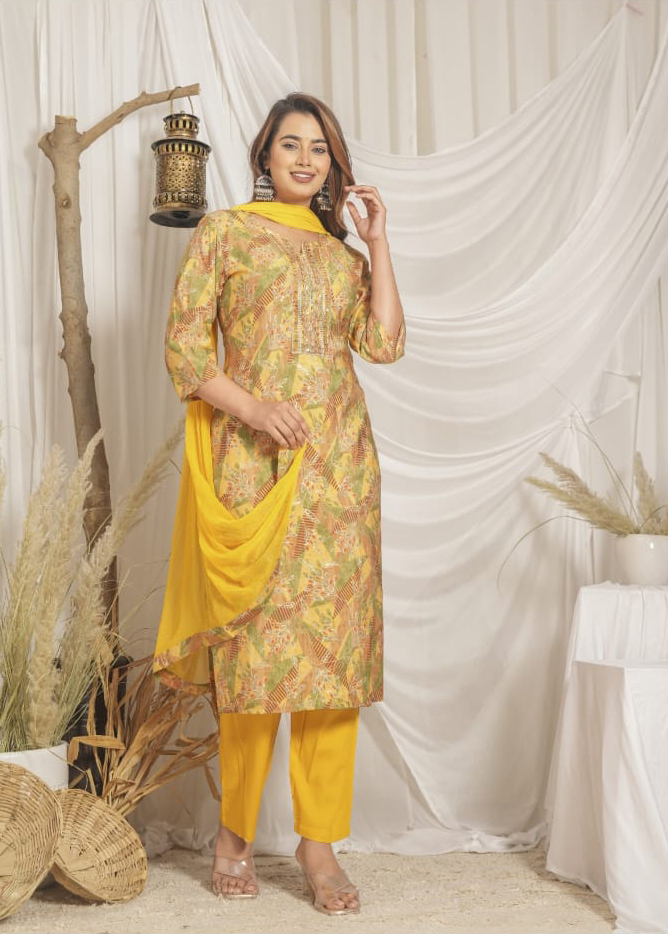 Cotton Yellow Dupatta Set