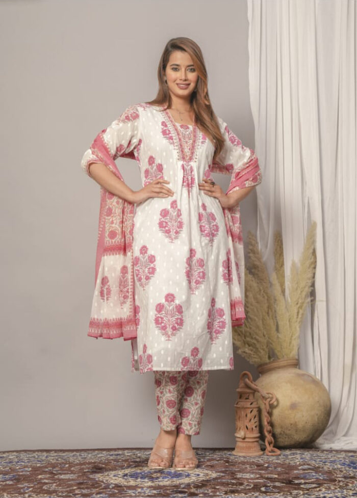 Cotton White & Pink Floral Kurta Set