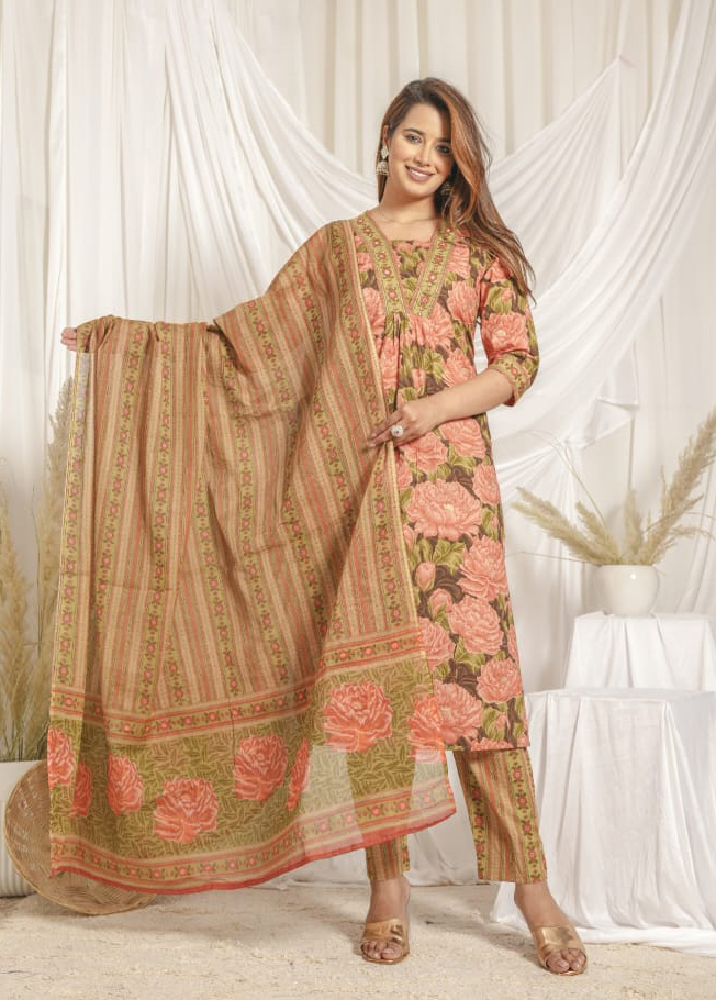 Cotton Peach Floral Kurta Set