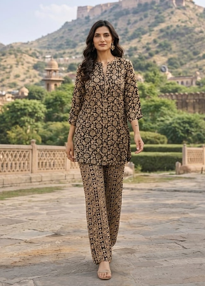 Black Cotton Ethnic Printed Co-Ord Set with Bottom