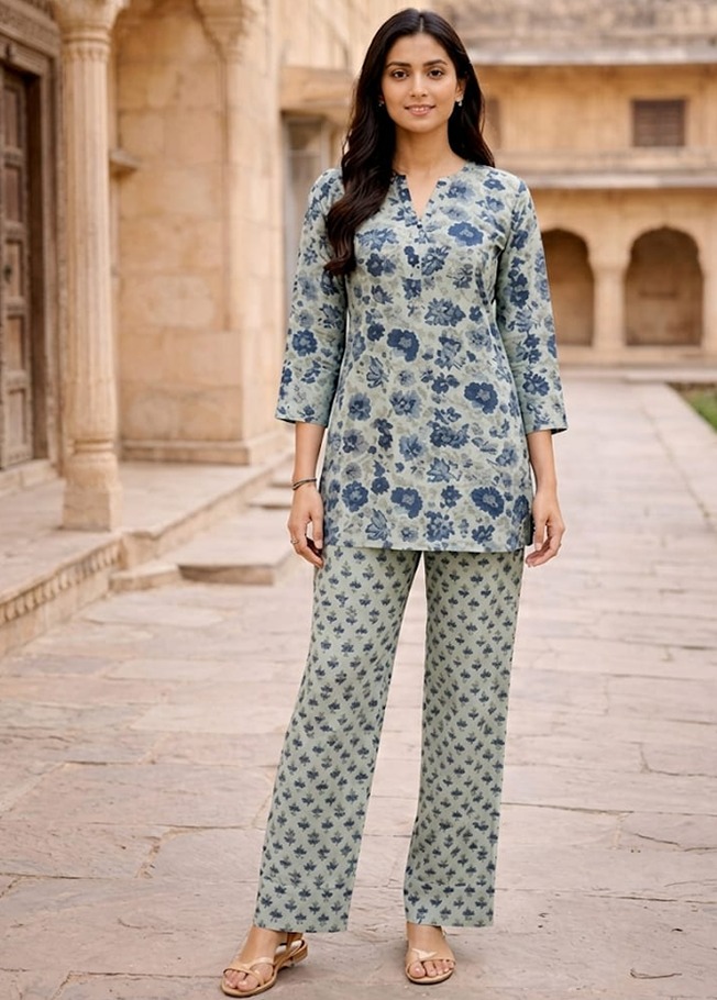 Sage Green Cotton Floral Printed Co-Ord Set with Bottom