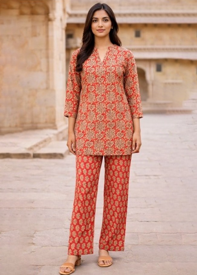 Red Cotton Floral Printed Co-Ord Set with Bottom