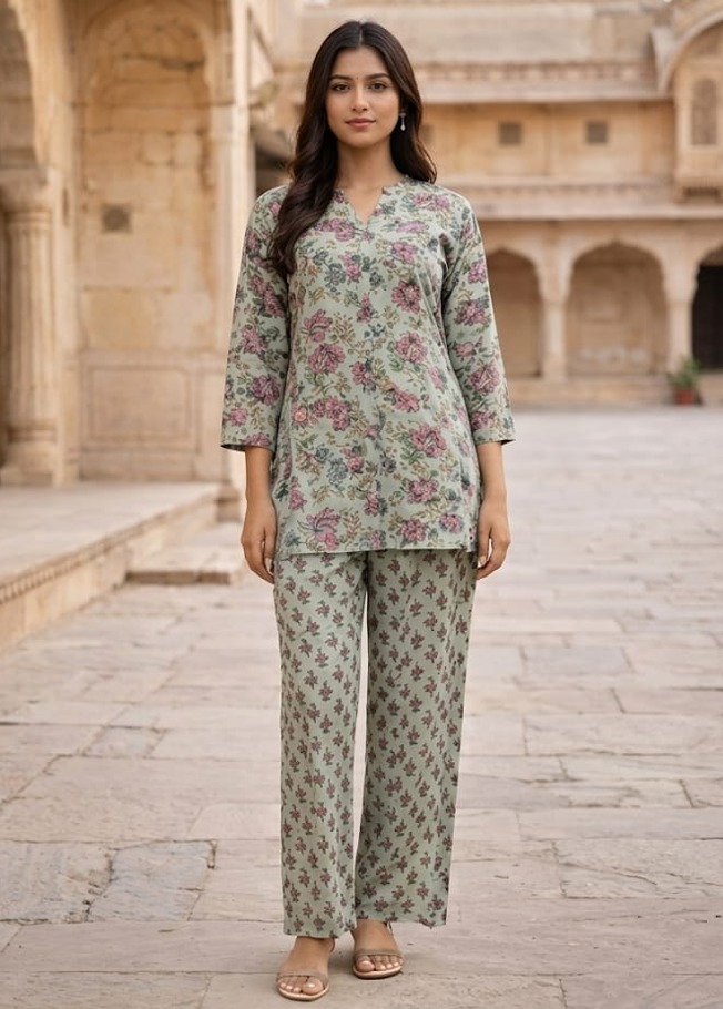 Grey Cotton Paisley Printed Co-ord Set with Bottom